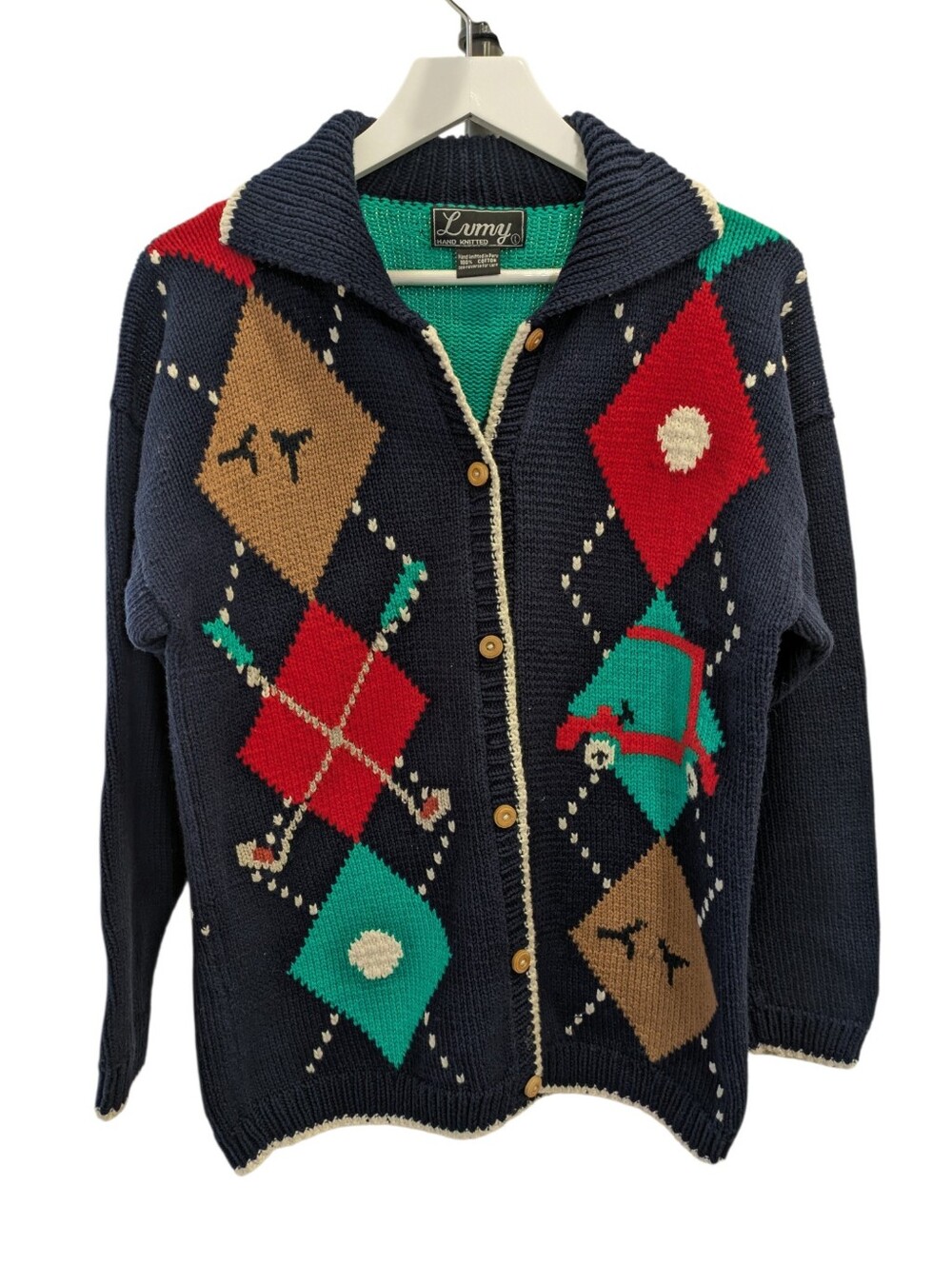 Vintage 90s Lumy Golf Novelty Cardigan Large Womens Navy Argyle Knit Grandpacore